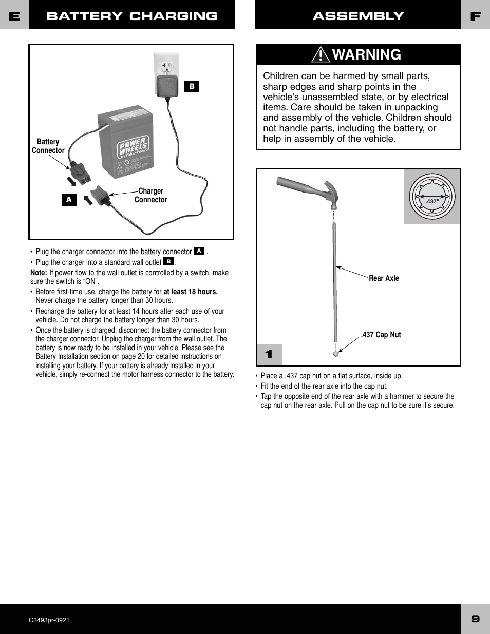 Warning, Battery charging, Assembly | FORD C3493 User Manual | Page 9 / 28