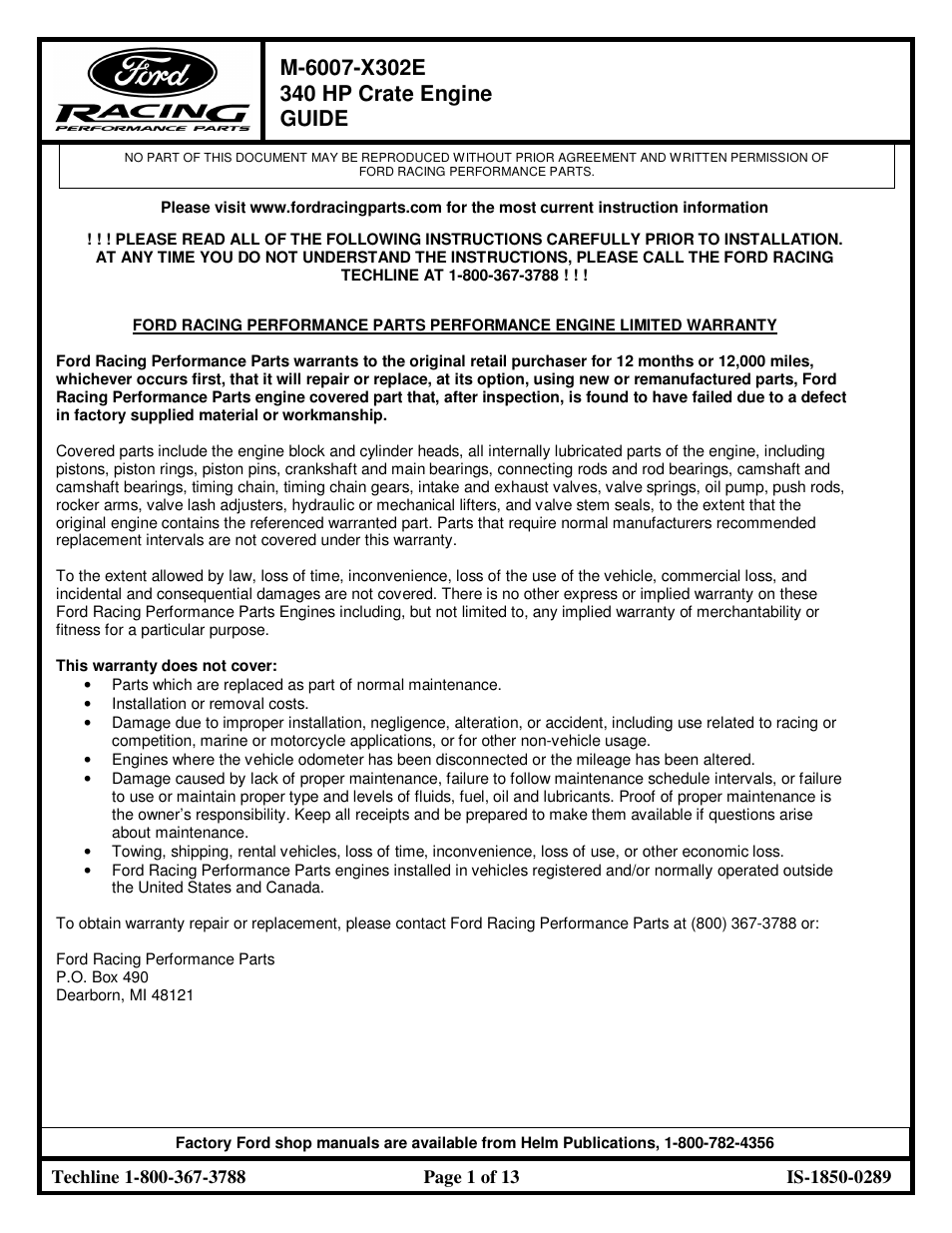 FORD RACING M-6007-X302E User Manual | 13 pages