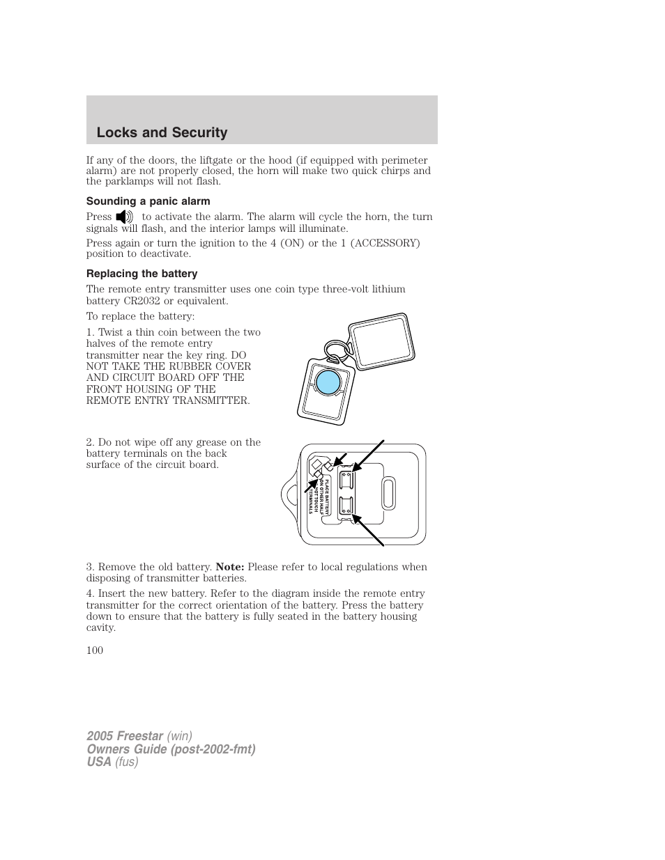 Sounding a panic alarm, Replacing the battery, Locks and security | FORD 2005 Freestar User Manual | Page 100 / 312