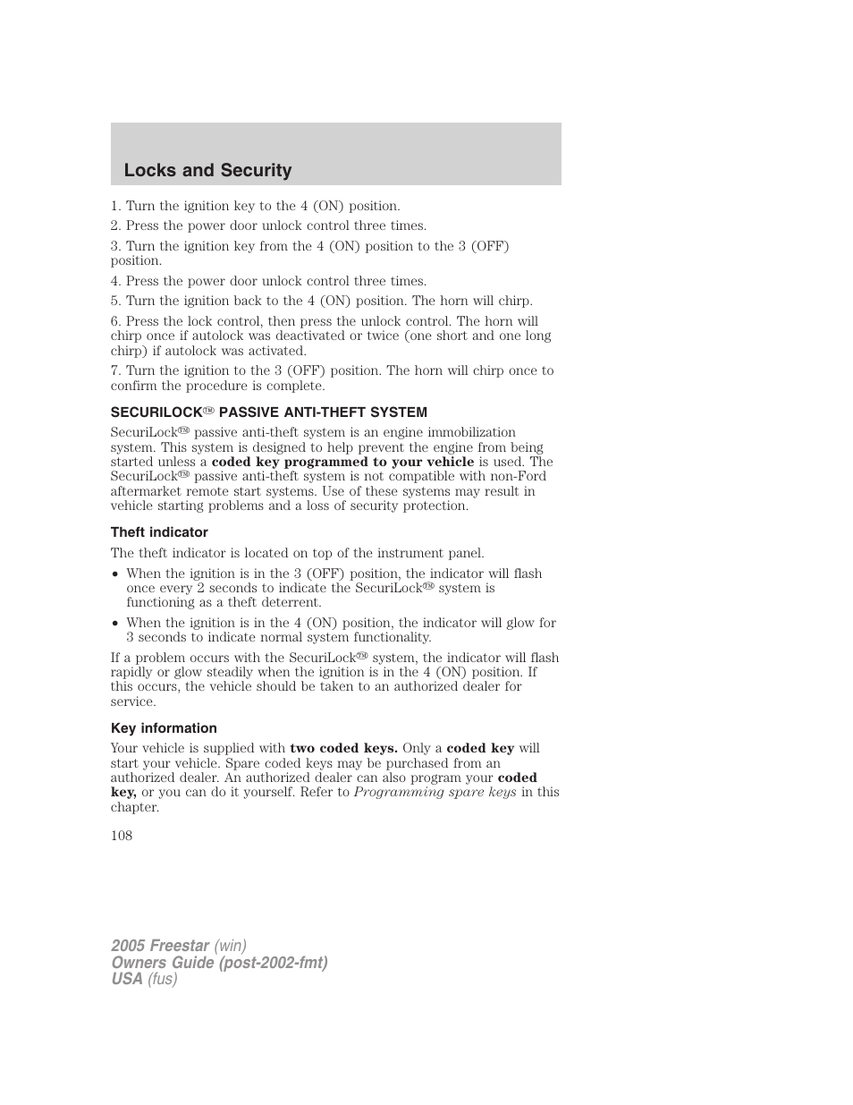 Securilock passive anti-theft system, Theft indicator, Key information | Anti-theft system, Locks and security | FORD 2005 Freestar User Manual | Page 108 / 312