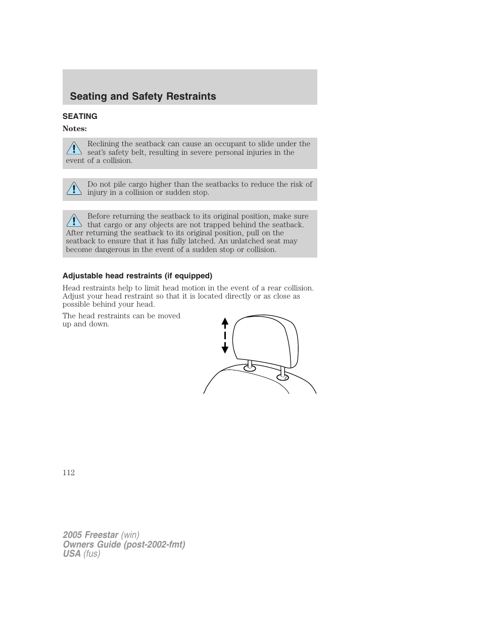 Seating and safety restraints, Seating, Adjustable head restraints (if equipped) | FORD 2005 Freestar User Manual | Page 112 / 312