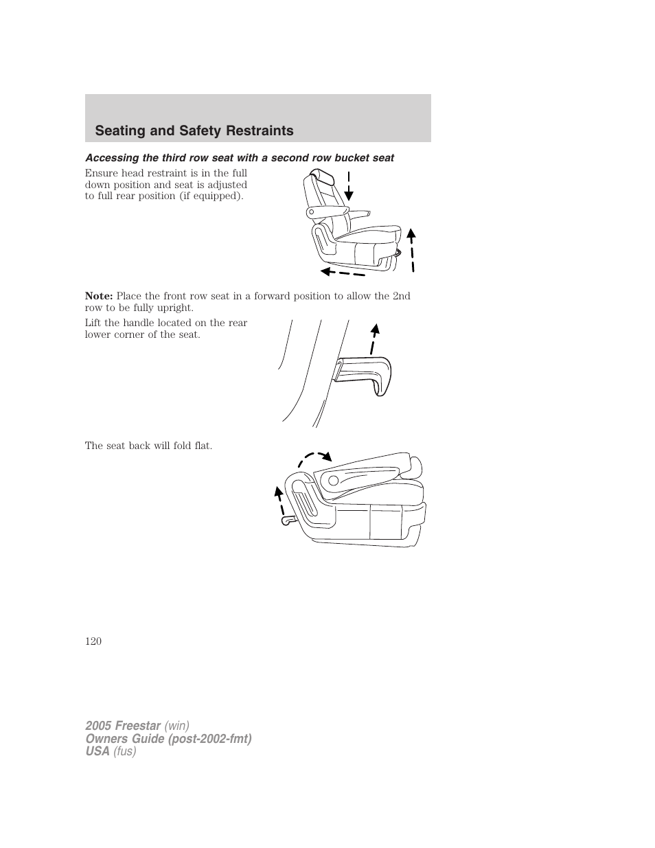 Seating and safety restraints | FORD 2005 Freestar User Manual | Page 120 / 312