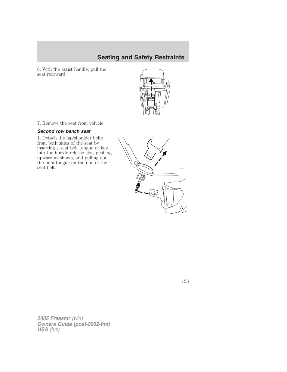 Second row bench seat, Seating and safety restraints | FORD 2005 Freestar User Manual | Page 125 / 312