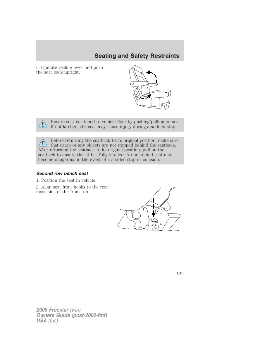 Second row bench seat, Seating and safety restraints | FORD 2005 Freestar User Manual | Page 129 / 312