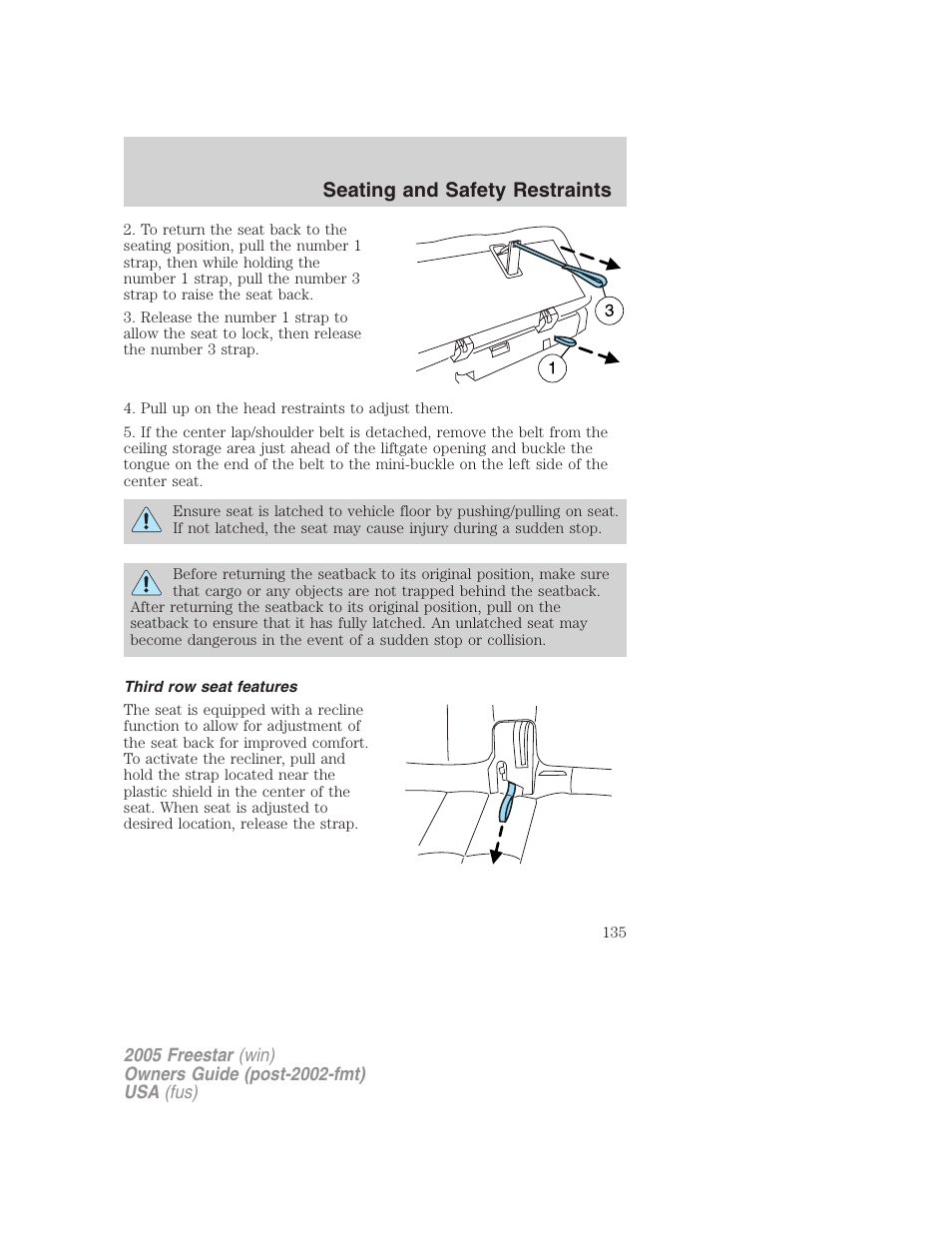 Third row seat features, Seating and safety restraints | FORD 2005 Freestar User Manual | Page 135 / 312