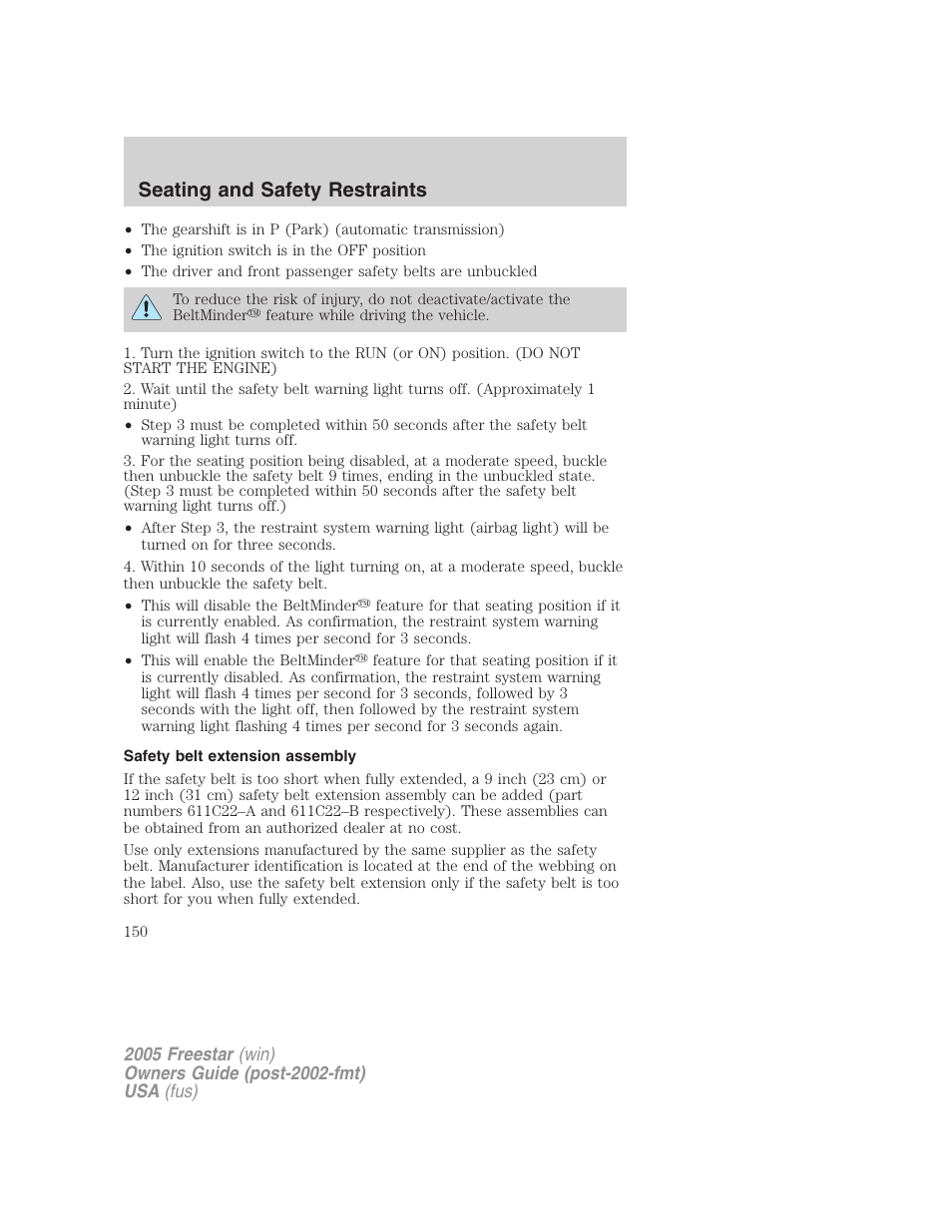 Safety belt extension assembly, Seating and safety restraints | FORD 2005 Freestar User Manual | Page 150 / 312