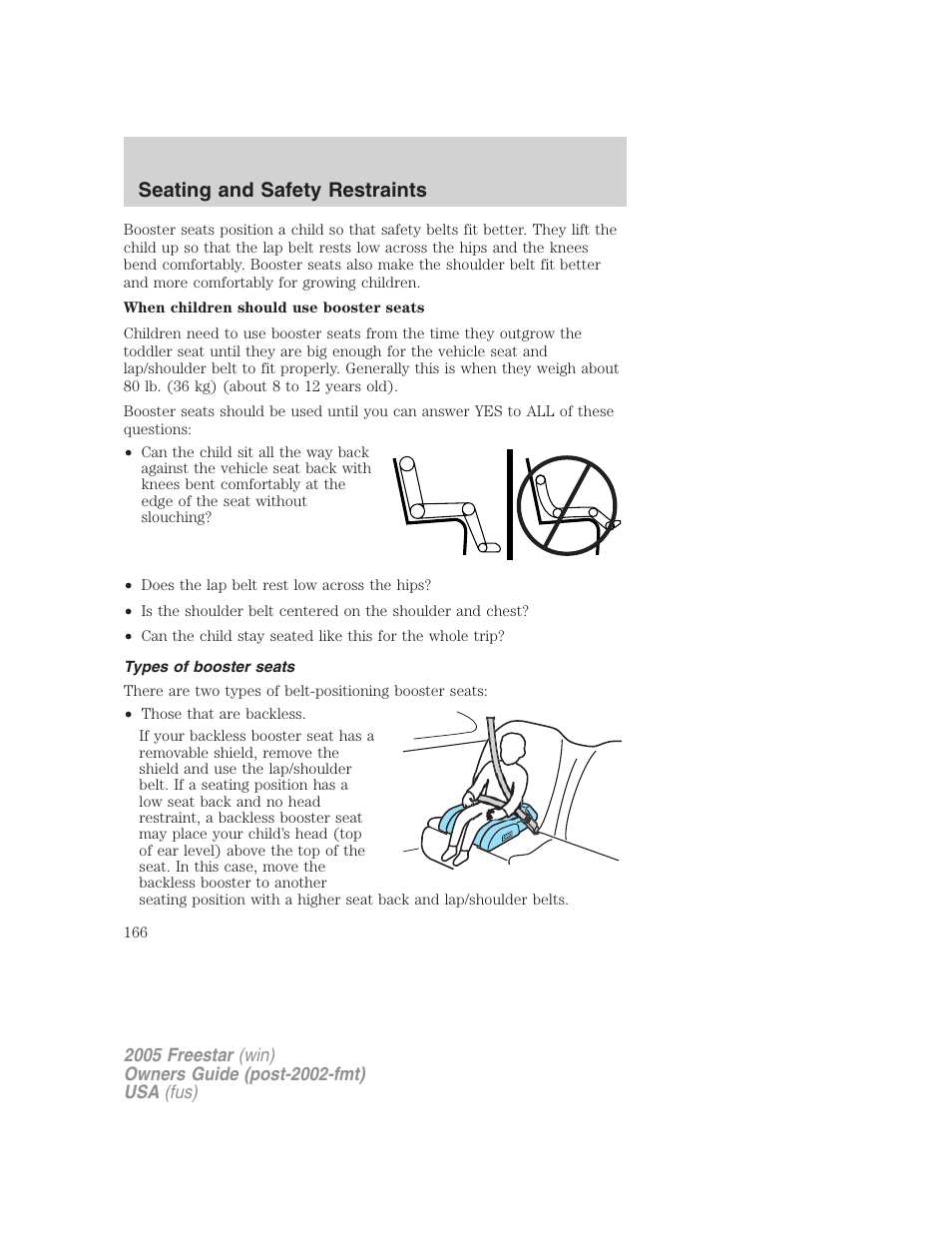 Types of booster seats, Seating and safety restraints | FORD 2005 Freestar User Manual | Page 166 / 312