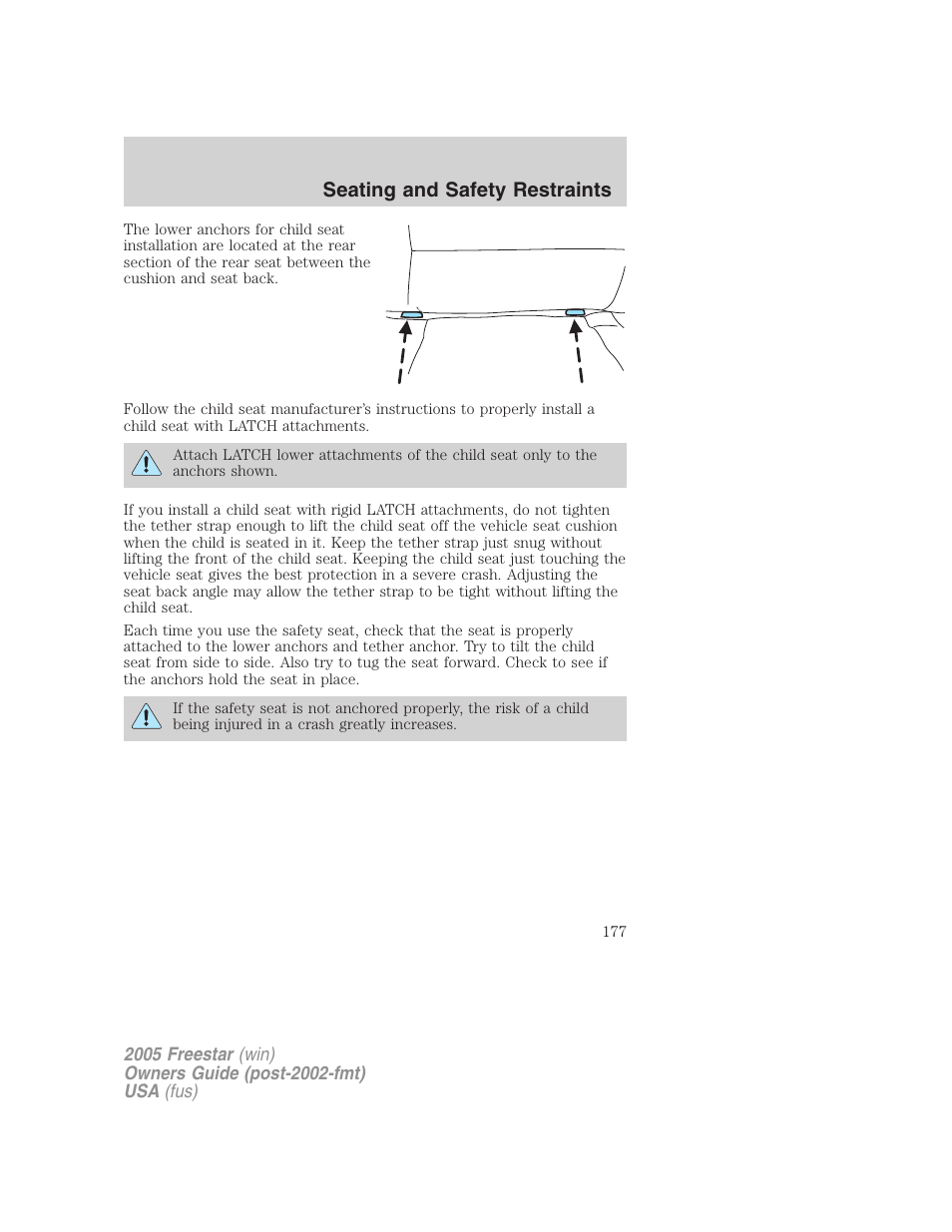 Seating and safety restraints | FORD 2005 Freestar User Manual | Page 177 / 312