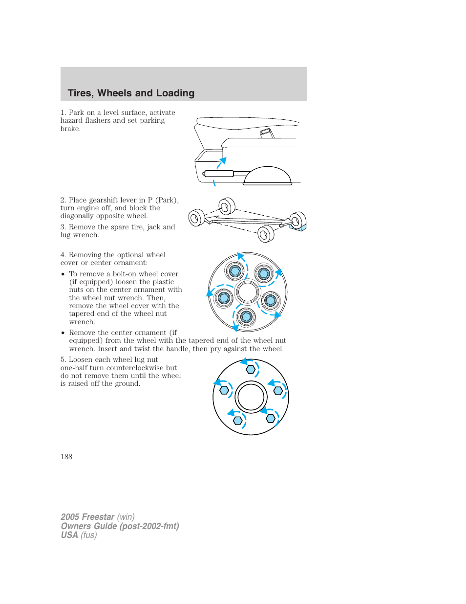 Tires, wheels and loading | FORD 2005 Freestar User Manual | Page 188 / 312