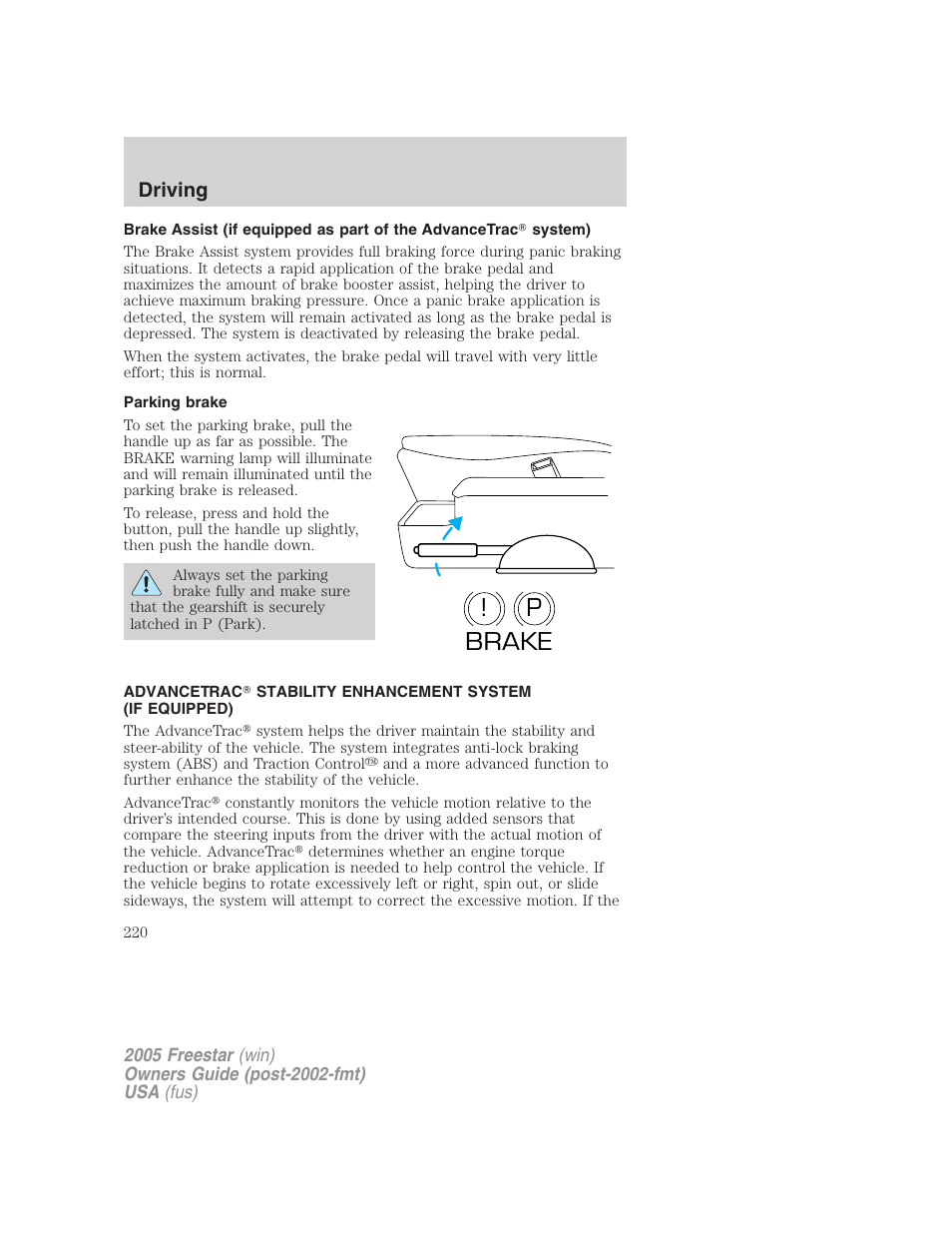 Parking brake, P! brake, Driving | FORD 2005 Freestar User Manual | Page 220 / 312