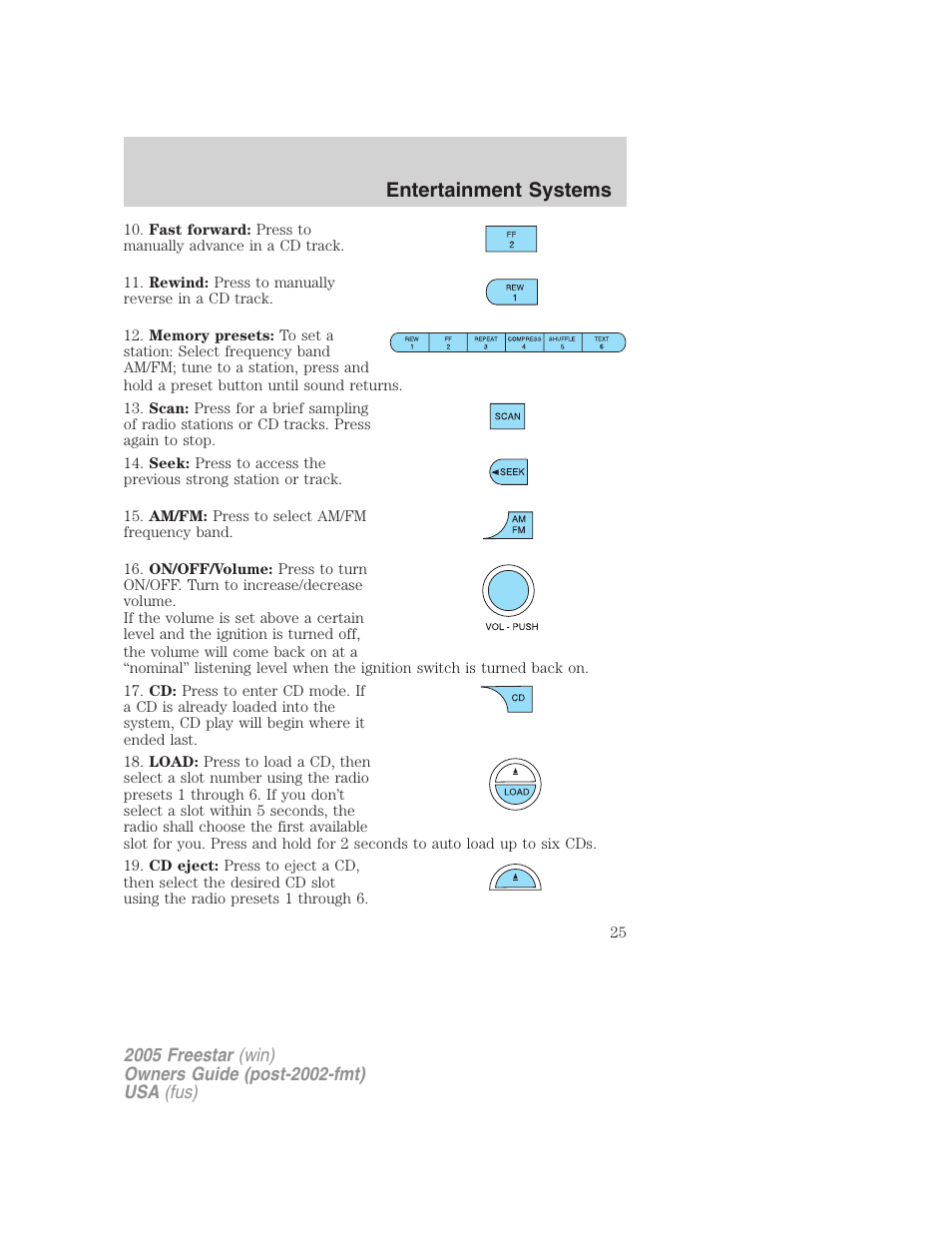 Entertainment systems | FORD 2005 Freestar User Manual | Page 25 / 312