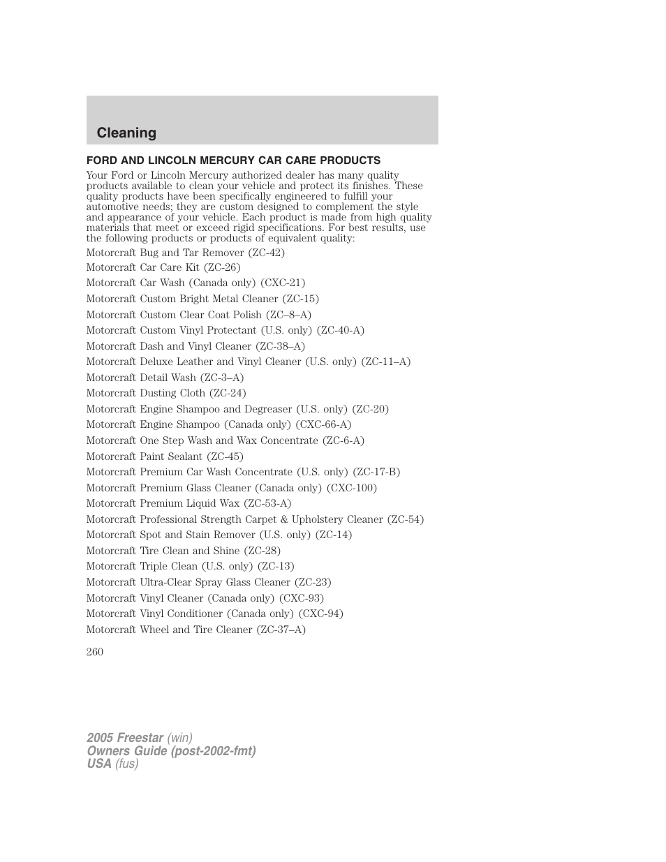 Ford and lincoln mercury car care products, Cleaning | FORD 2005 Freestar User Manual | Page 260 / 312