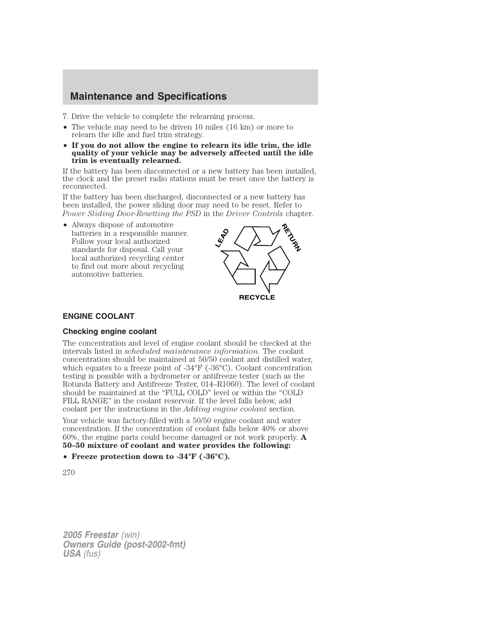 Engine coolant, Checking engine coolant, Maintenance and specifications | FORD 2005 Freestar User Manual | Page 270 / 312