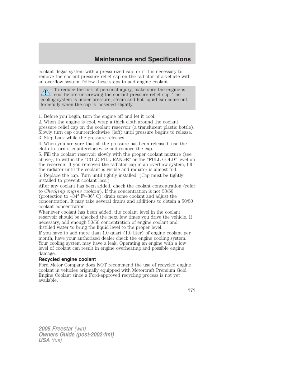 Recycled engine coolant, Maintenance and specifications | FORD 2005 Freestar User Manual | Page 273 / 312