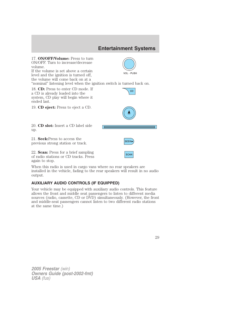 Auxiliary audio controls (if equipped), Entertainment systems | FORD 2005 Freestar User Manual | Page 29 / 312