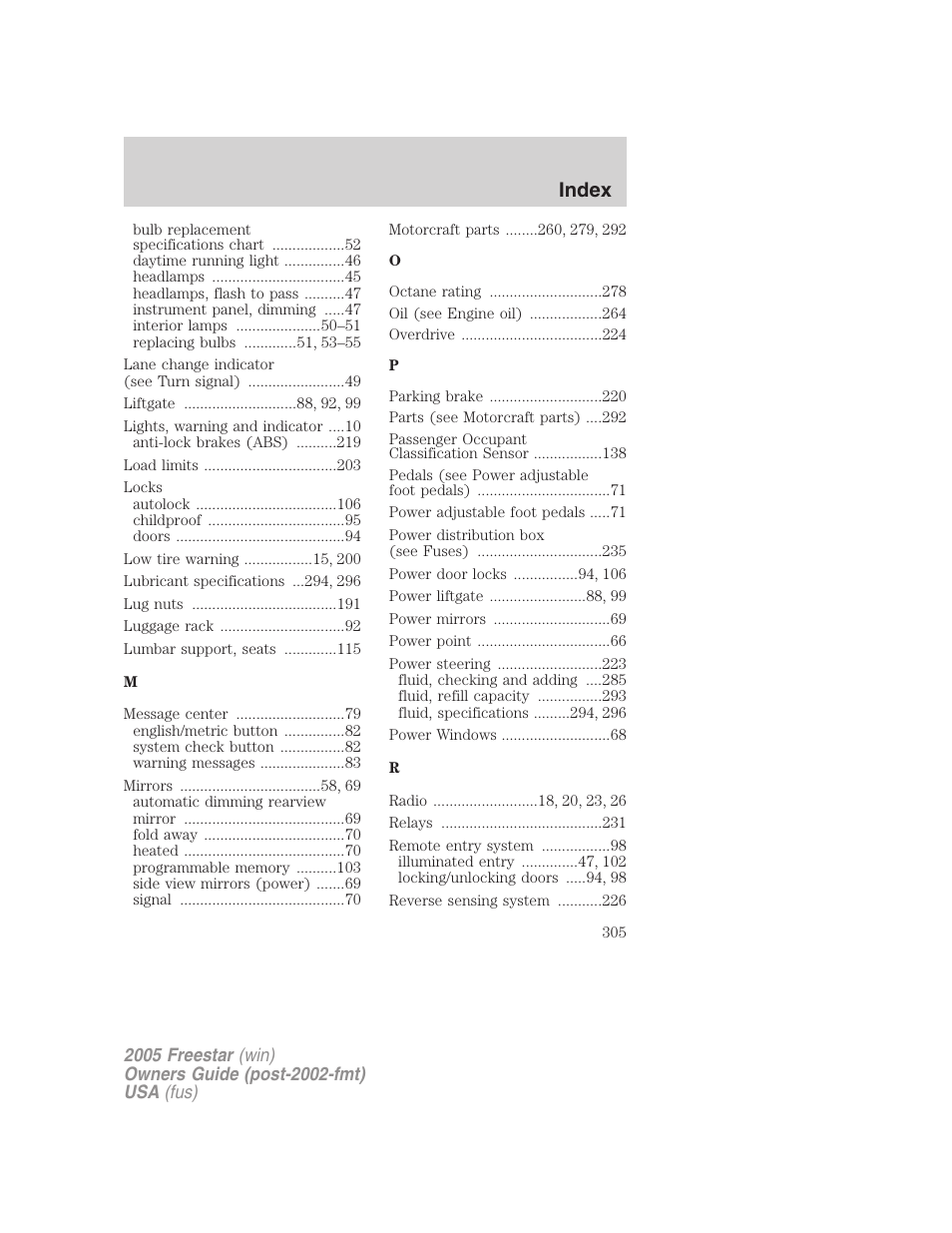 Index | FORD 2005 Freestar User Manual | Page 305 / 312