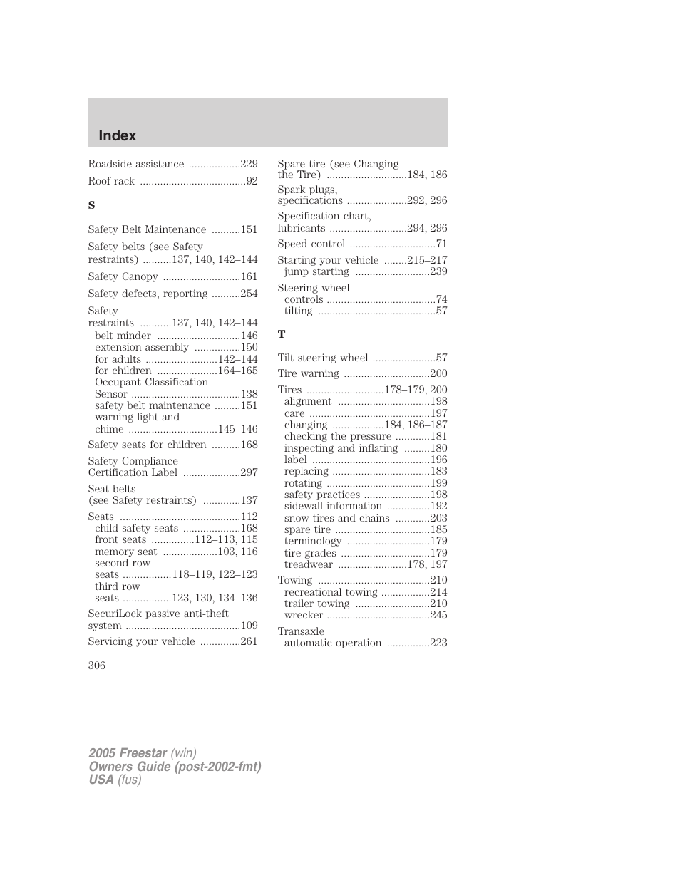 Index | FORD 2005 Freestar User Manual | Page 306 / 312