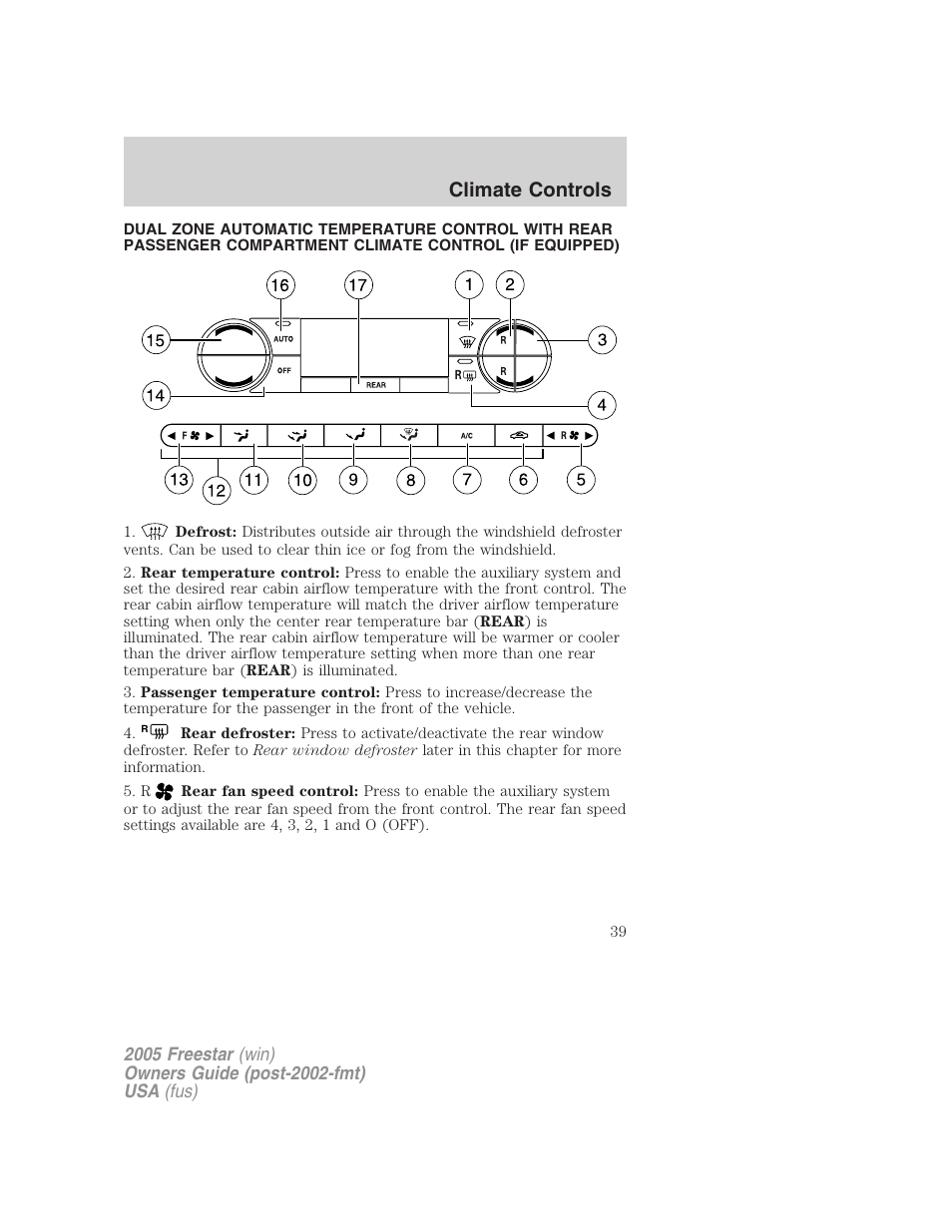 Climate controls | FORD 2005 Freestar User Manual | Page 39 / 312