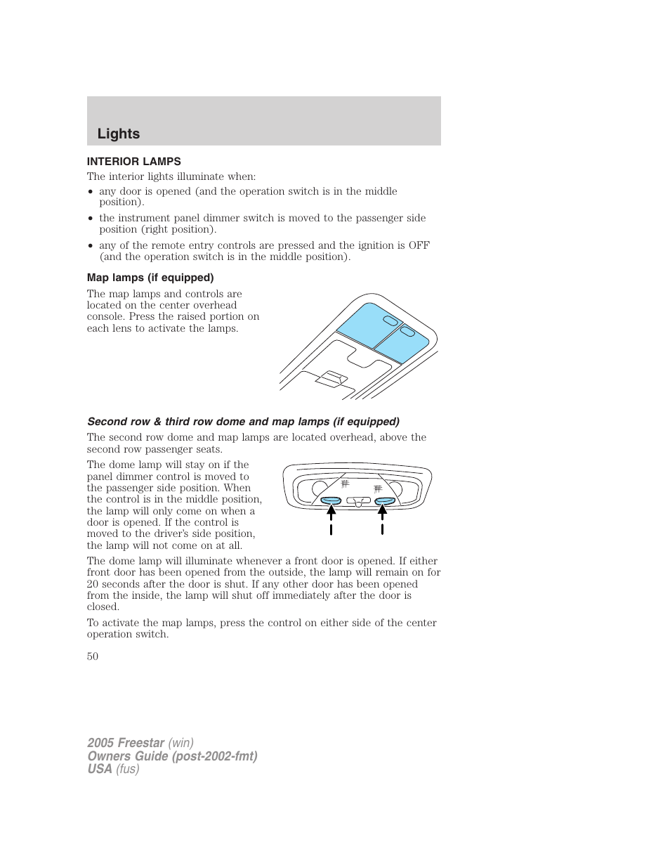 Interior lamps, Map lamps (if equipped), Lights | FORD 2005 Freestar User Manual | Page 50 / 312