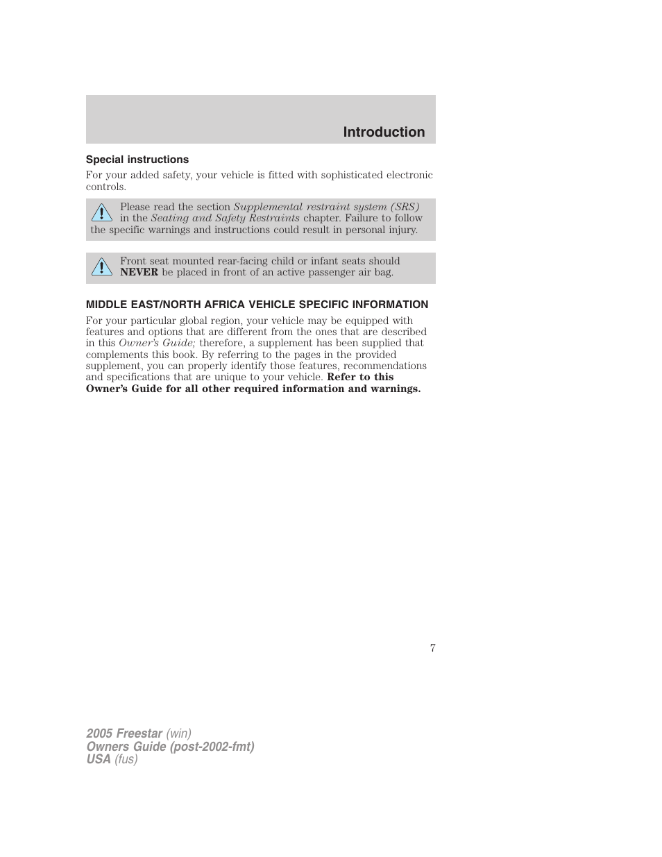 Special instructions, Introduction | FORD 2005 Freestar User Manual | Page 7 / 312