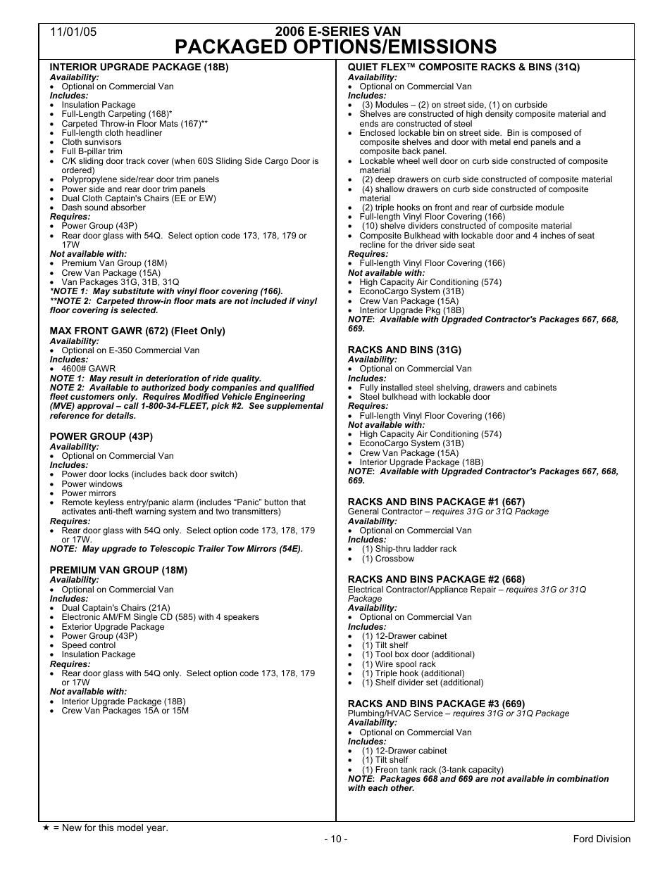 Packaged options/emissions (cont'd), Packaged options/emissions, 2006 e-series van | FORD 2006 E-Series User Manual | Page 10 / 12