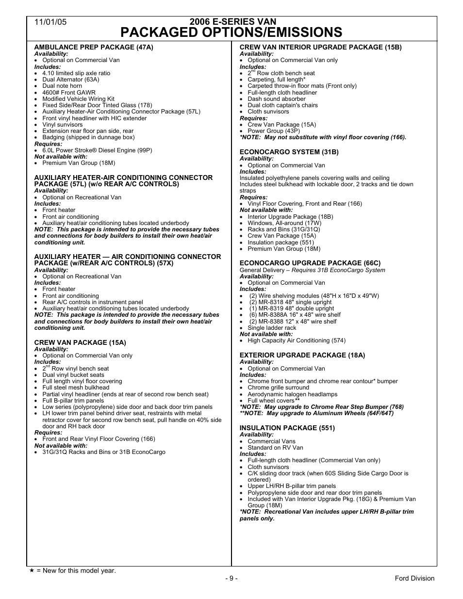 Packaged options/emissions, 2006 e-series van | FORD 2006 E-Series User Manual | Page 9 / 12