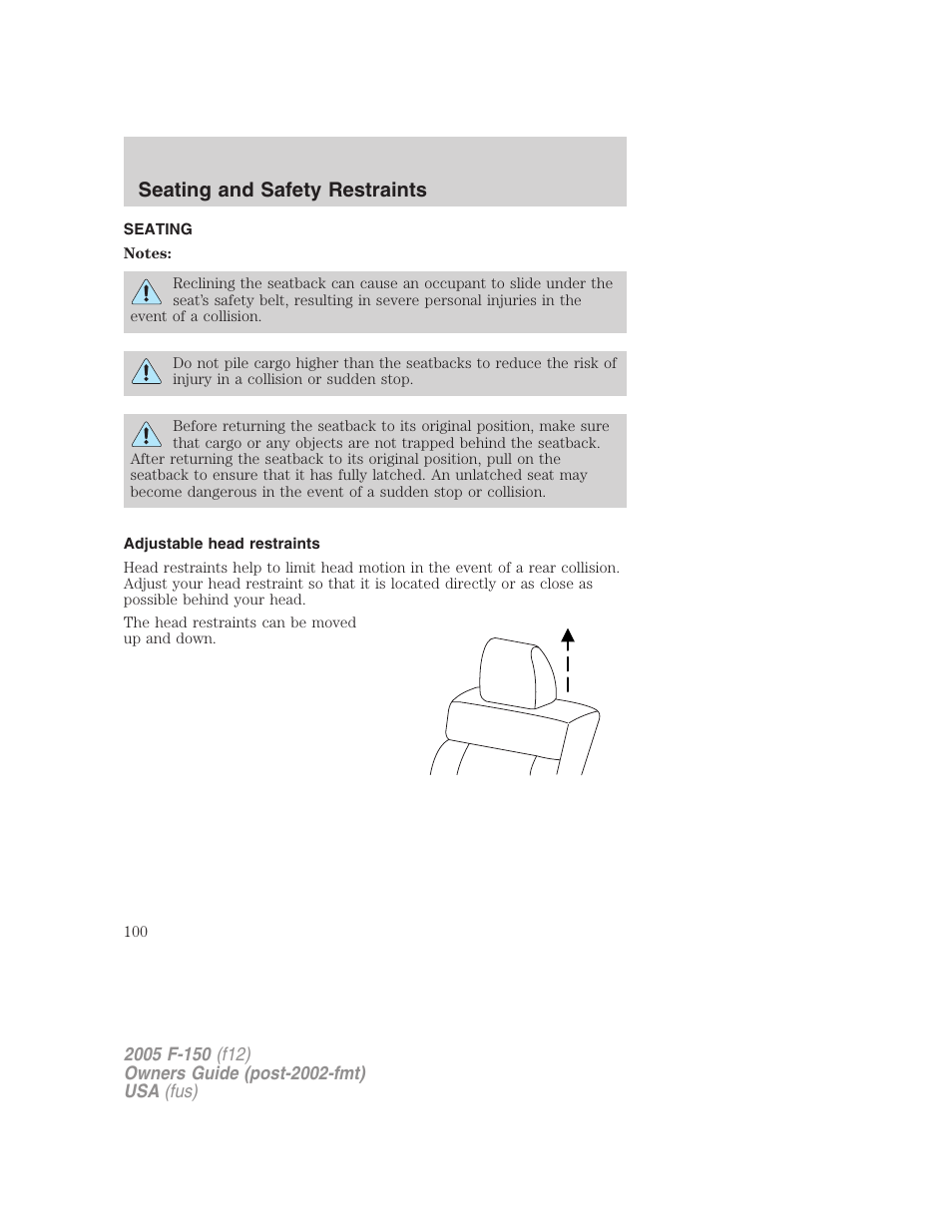 Seating and safety restraints, Seating, Adjustable head restraints | FORD 2005 F-150 User Manual | Page 100 / 312