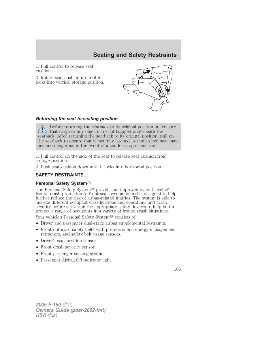 Returning the seat to seating position, Safety restraints, Personal safety system | Seating and safety restraints | FORD 2005 F-150 User Manual | Page 105 / 312