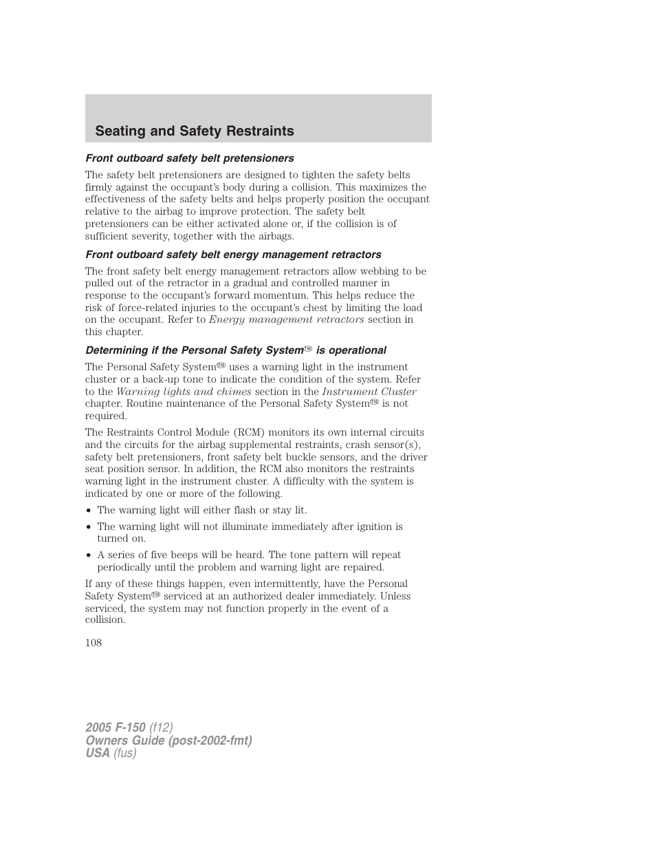 Front outboard safety belt pretensioners, Seating and safety restraints | FORD 2005 F-150 User Manual | Page 108 / 312