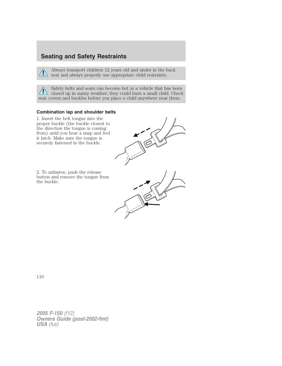 Combination lap and shoulder belts, Seating and safety restraints | FORD 2005 F-150 User Manual | Page 110 / 312