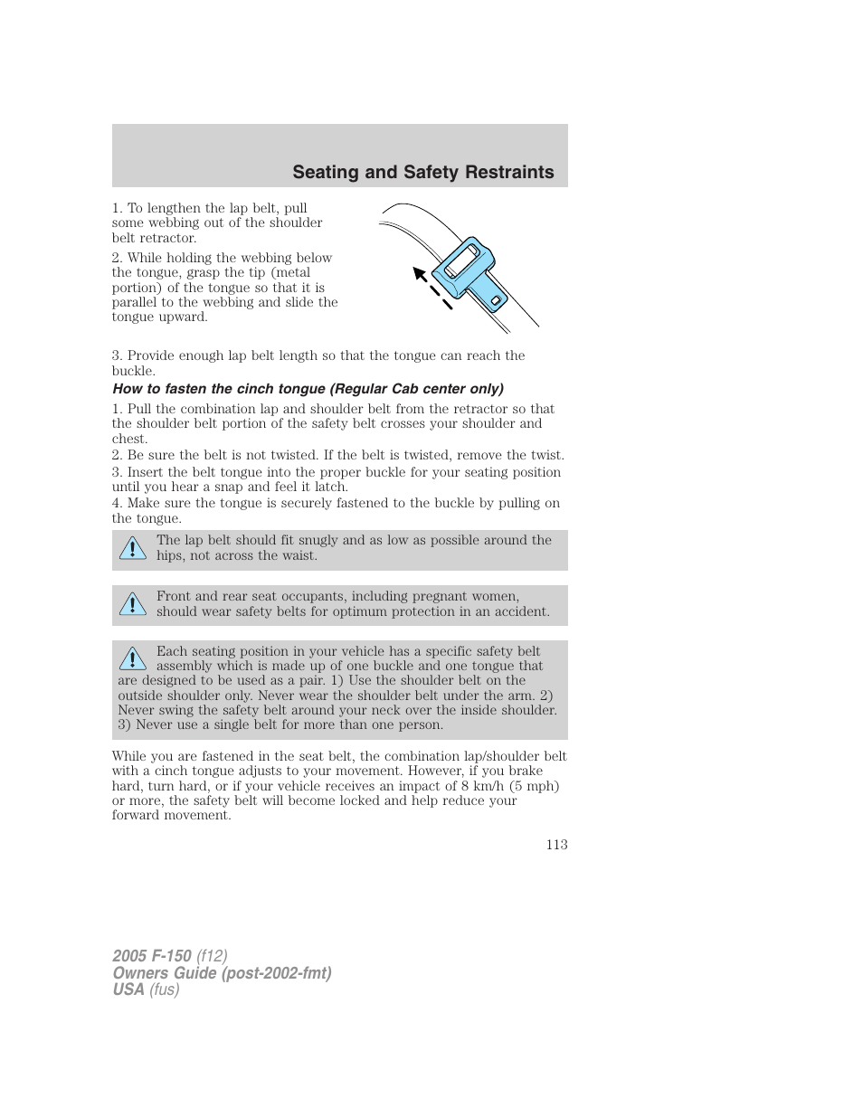 Seating and safety restraints | FORD 2005 F-150 User Manual | Page 113 / 312