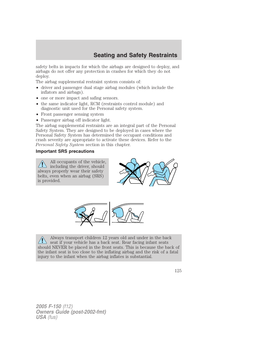 Important srs precautions, Seating and safety restraints | FORD 2005 F-150 User Manual | Page 125 / 312