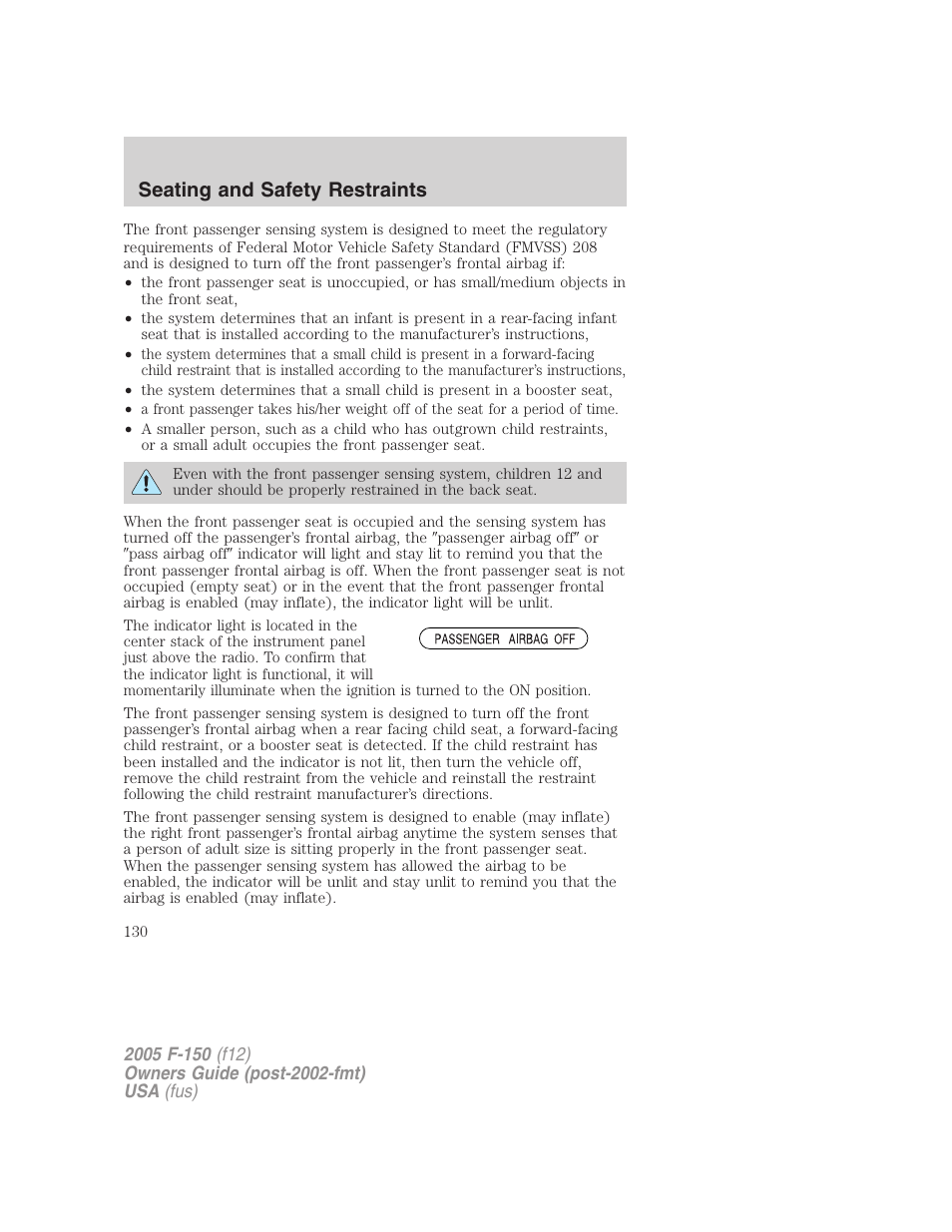 Seating and safety restraints | FORD 2005 F-150 User Manual | Page 130 / 312