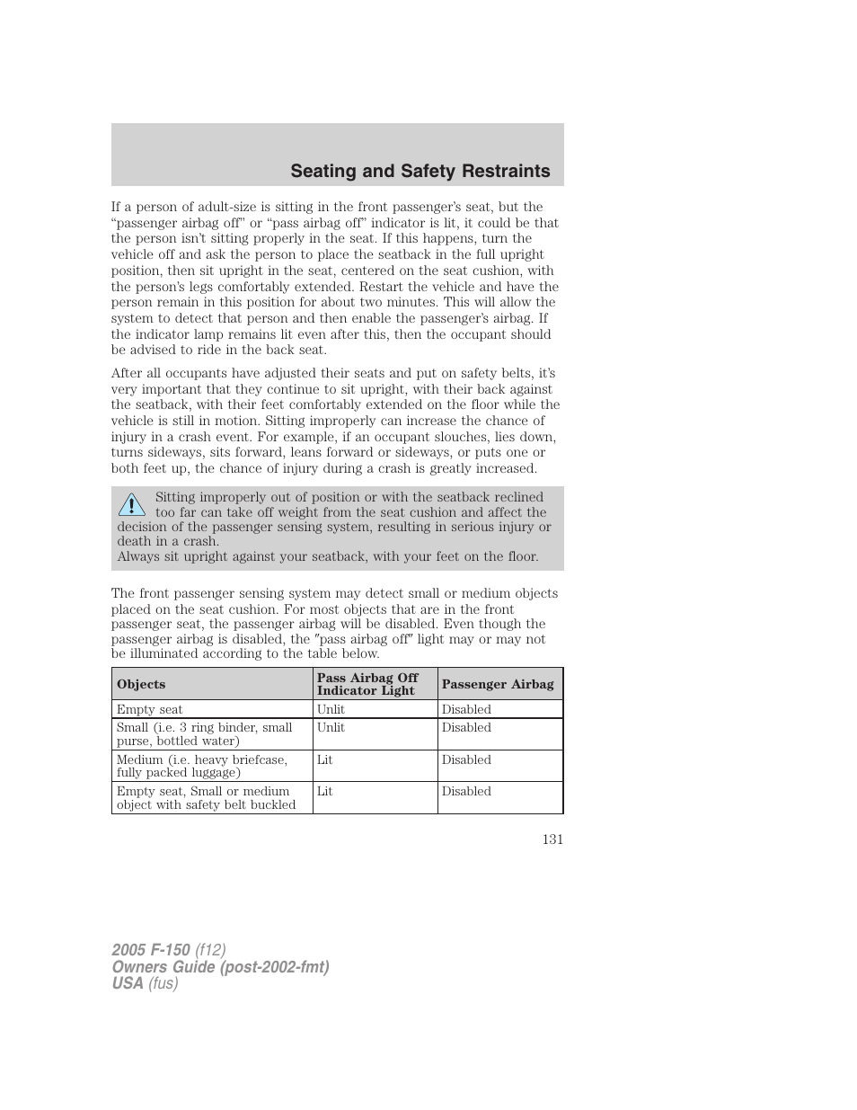 Seating and safety restraints | FORD 2005 F-150 User Manual | Page 131 / 312