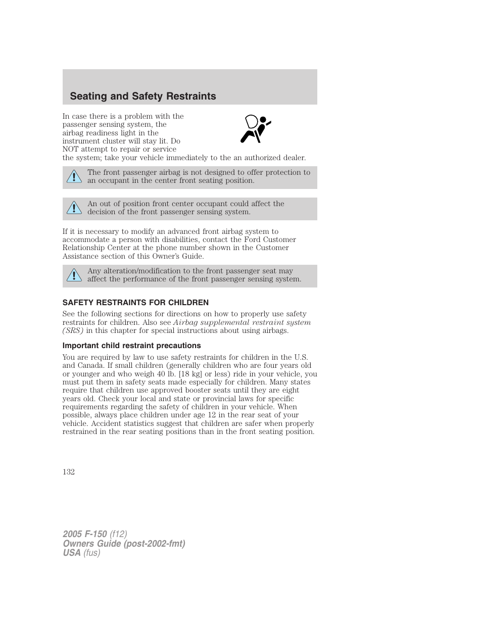 Safety restraints for children, Important child restraint precautions, Child restraints | Seating and safety restraints | FORD 2005 F-150 User Manual | Page 132 / 312