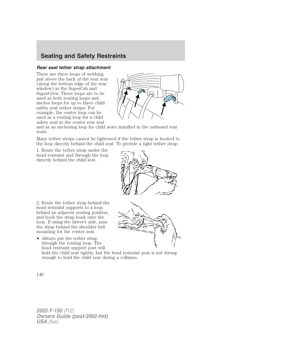 Rear seat tether strap attachment, Seating and safety restraints | FORD 2005 F-150 User Manual | Page 146 / 312