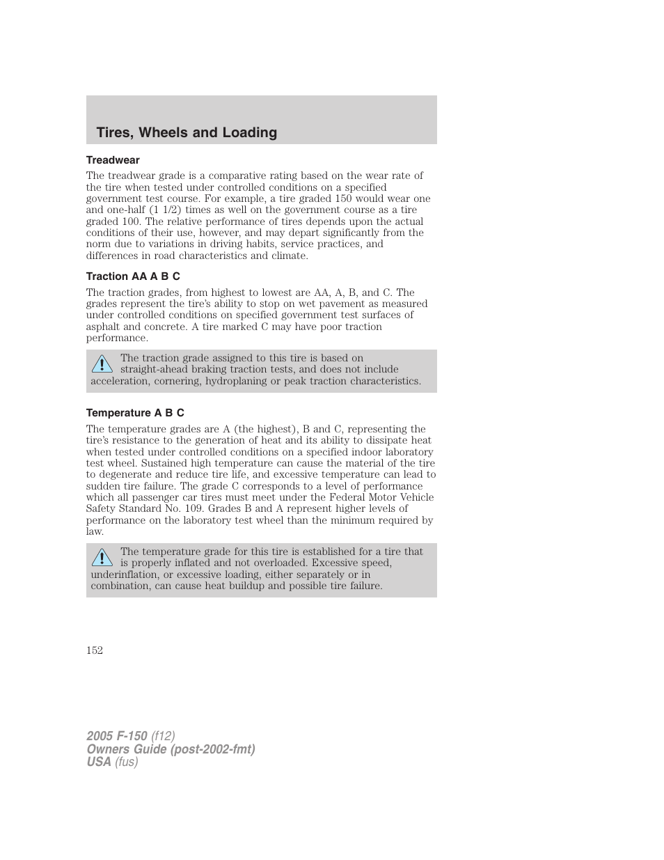 Treadwear, Traction aa a b c, Temperature a b c | Tires, wheels and loading | FORD 2005 F-150 User Manual | Page 152 / 312