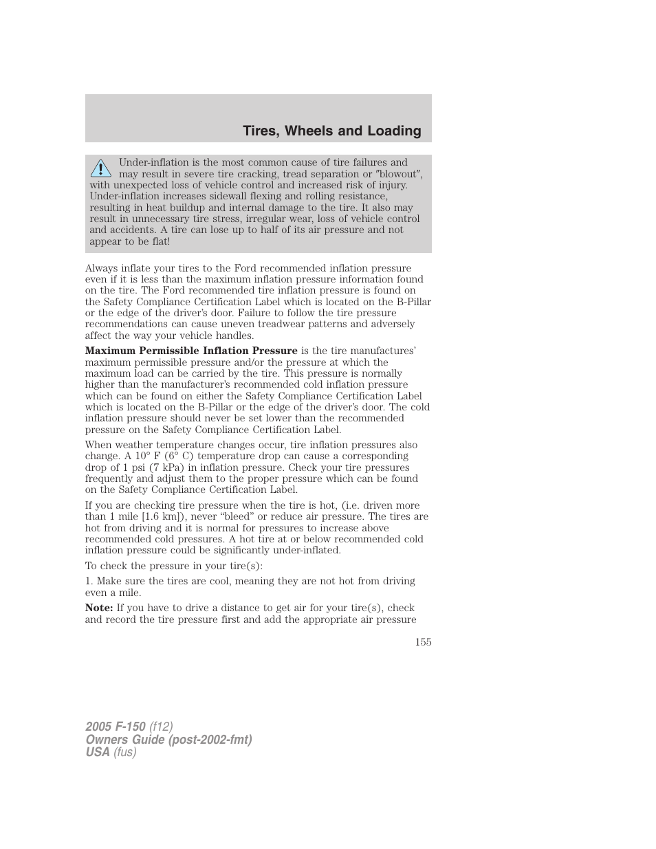 Tires, wheels and loading | FORD 2005 F-150 User Manual | Page 155 / 312