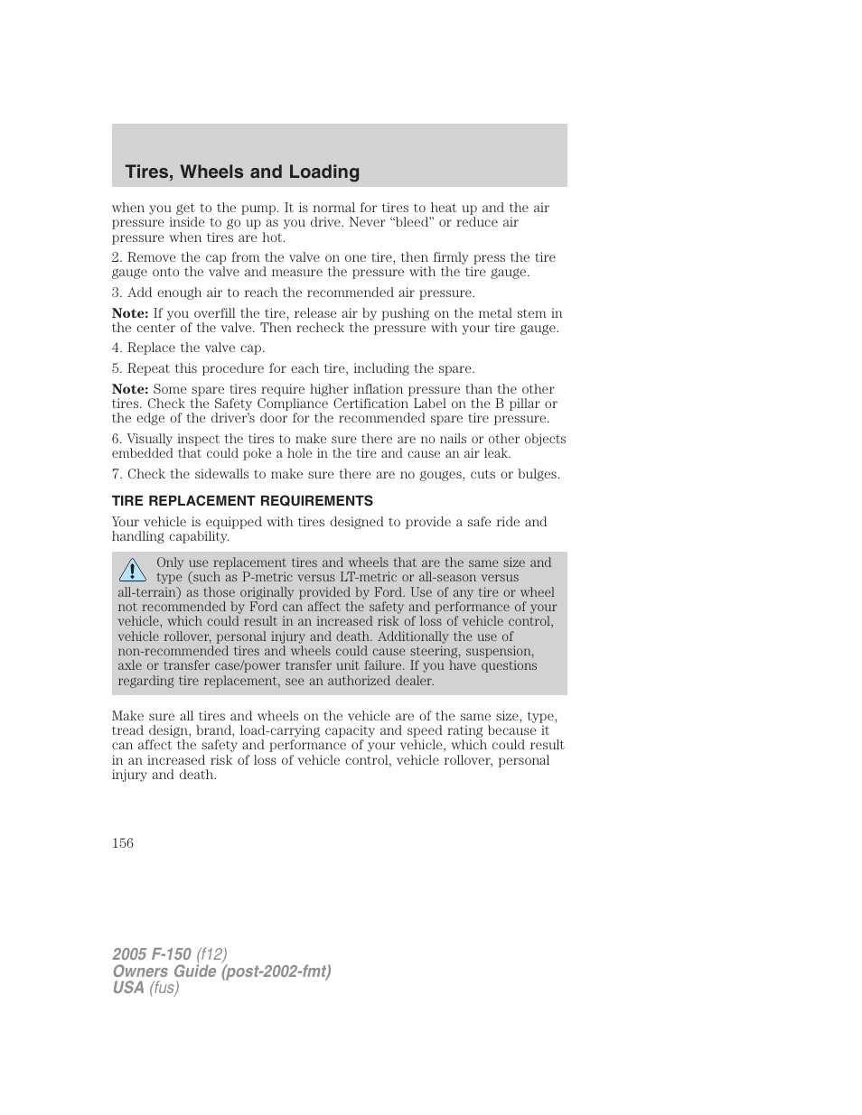 Tire replacement requirements, Tires, wheels and loading | FORD 2005 F-150 User Manual | Page 156 / 312