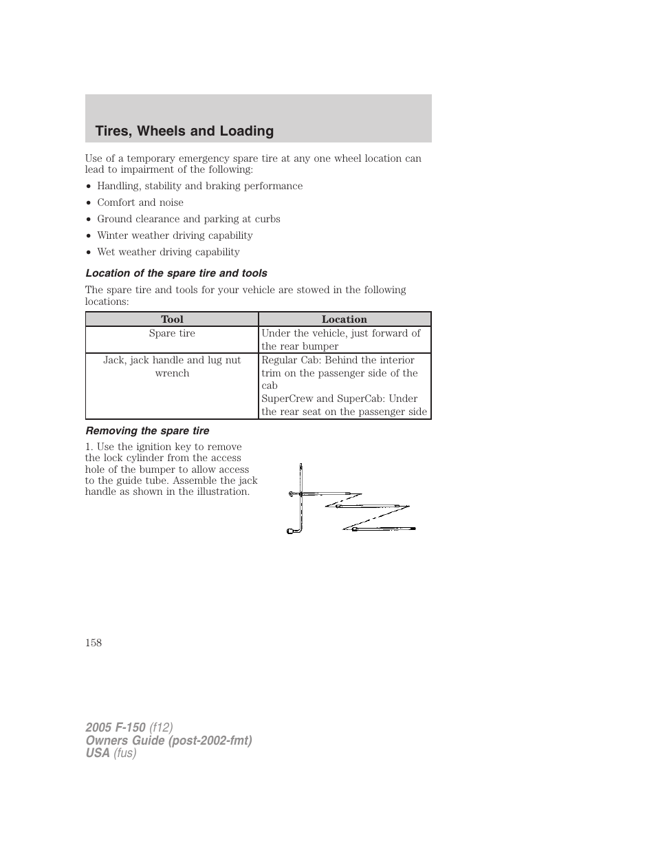 Location of the spare tire and tools, Removing the spare tire, Tires, wheels and loading | FORD 2005 F-150 User Manual | Page 158 / 312