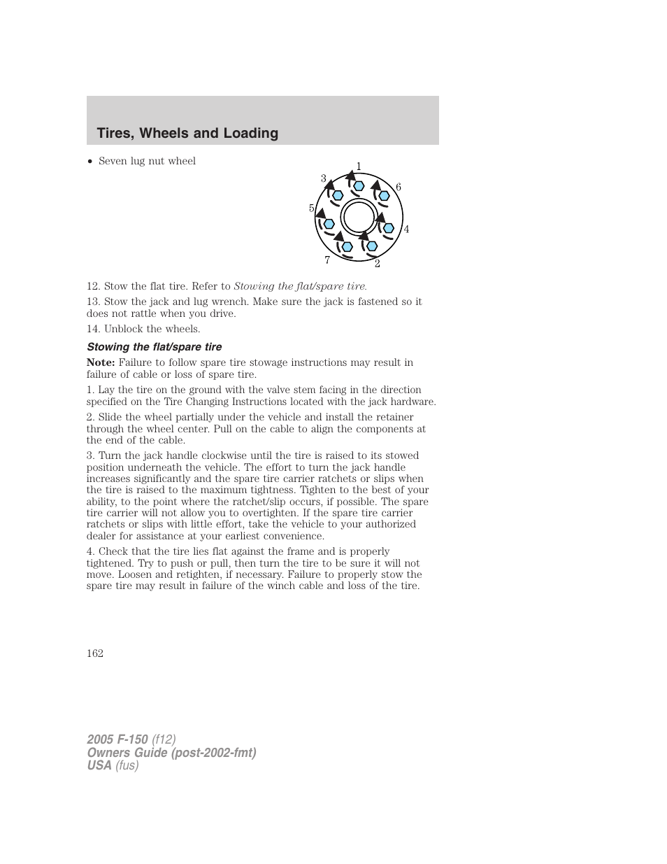 Stowing the flat/spare tire, Tires, wheels and loading | FORD 2005 F-150 User Manual | Page 162 / 312