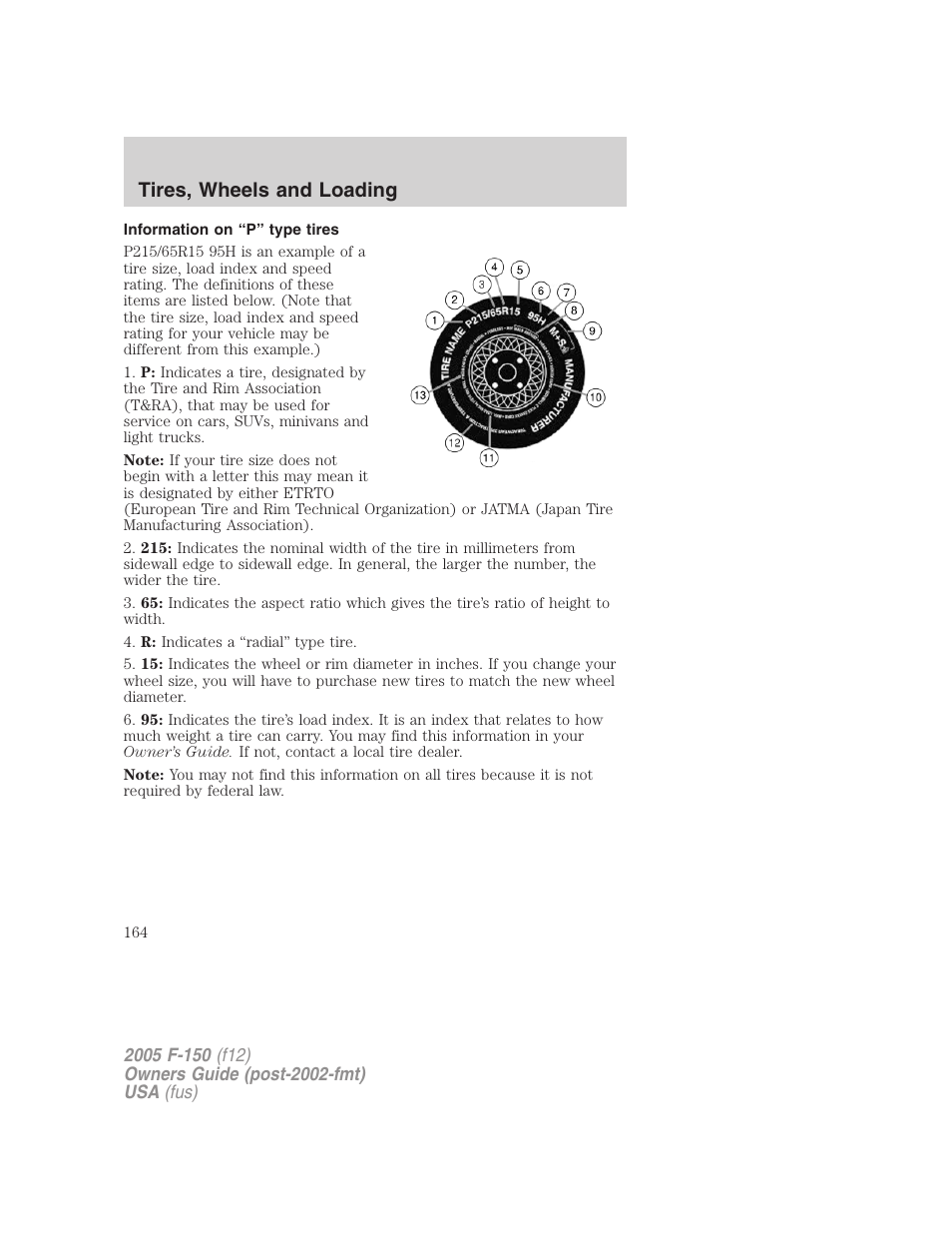 Information on “p” type tires, Tires, wheels and loading | FORD 2005 F-150 User Manual | Page 164 / 312