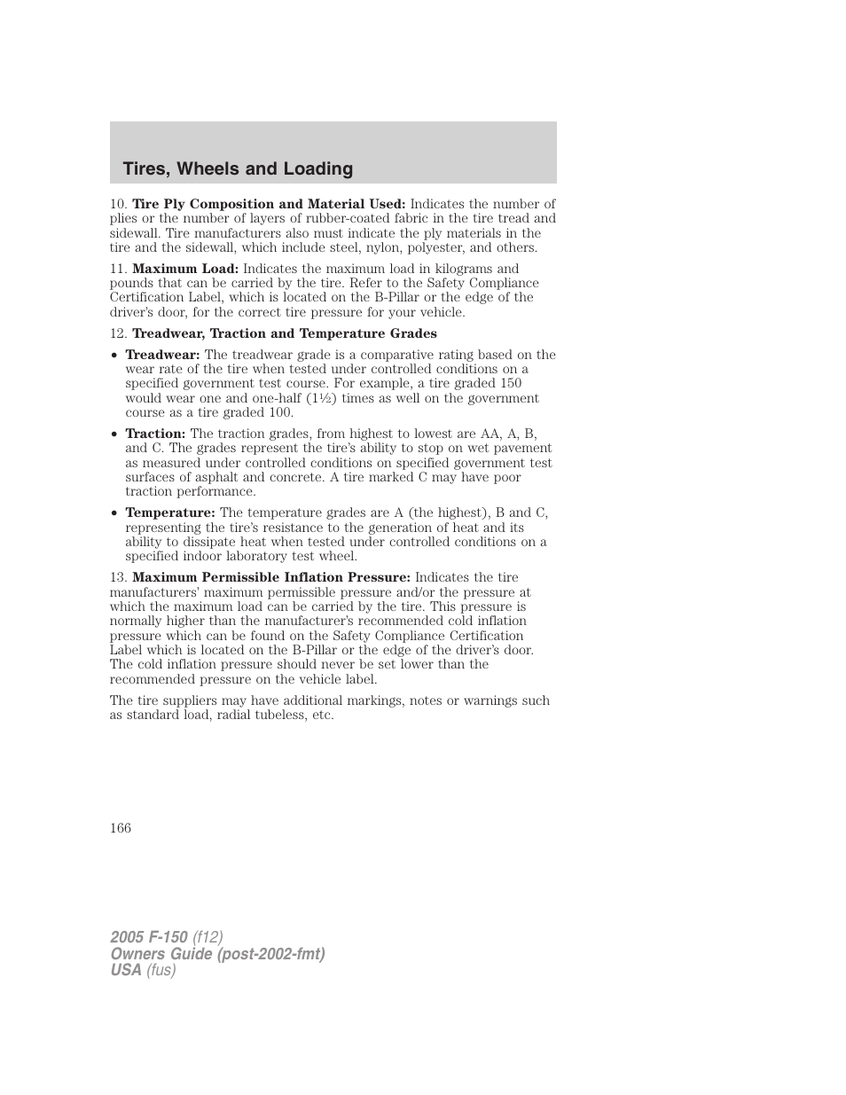 Tires, wheels and loading | FORD 2005 F-150 User Manual | Page 166 / 312