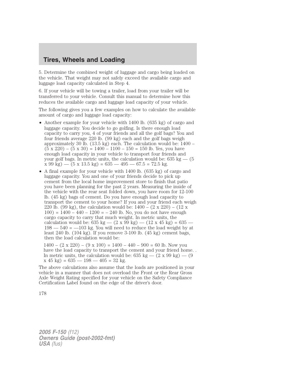 Tires, wheels and loading | FORD 2005 F-150 User Manual | Page 178 / 312