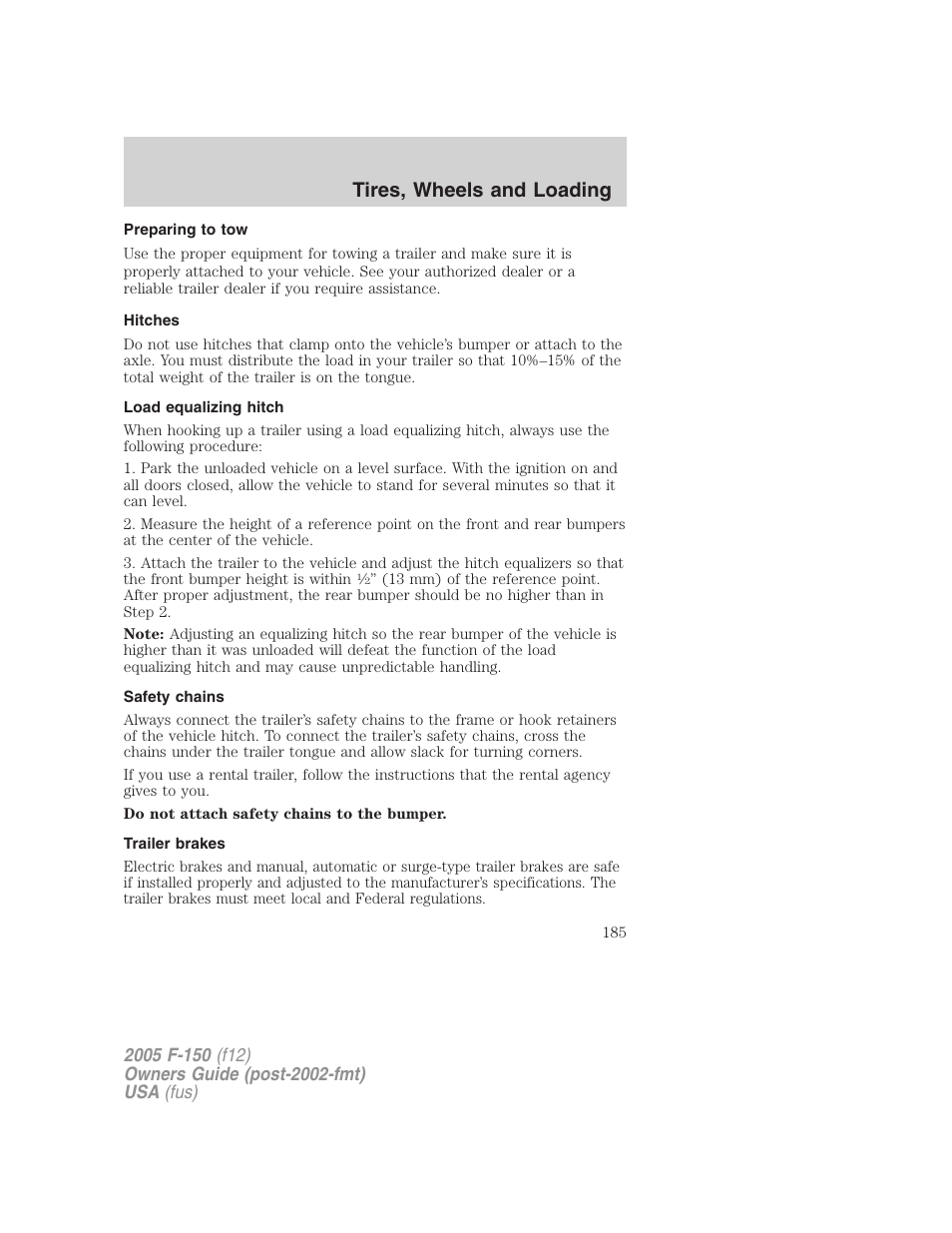 Preparing to tow, Hitches, Load equalizing hitch | Safety chains, Trailer brakes, Tires, wheels and loading | FORD 2005 F-150 User Manual | Page 185 / 312