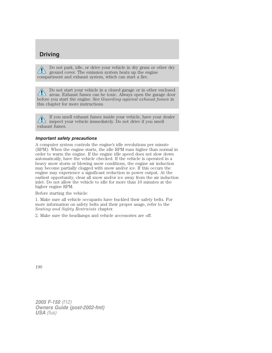 Important safety precautions, Driving | FORD 2005 F-150 User Manual | Page 190 / 312