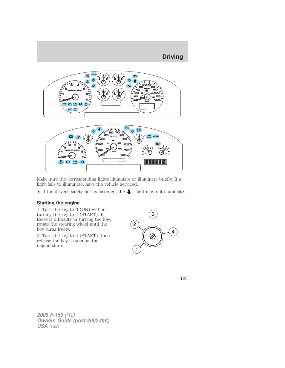 Starting the engine, Driving | FORD 2005 F-150 User Manual | Page 193 / 312