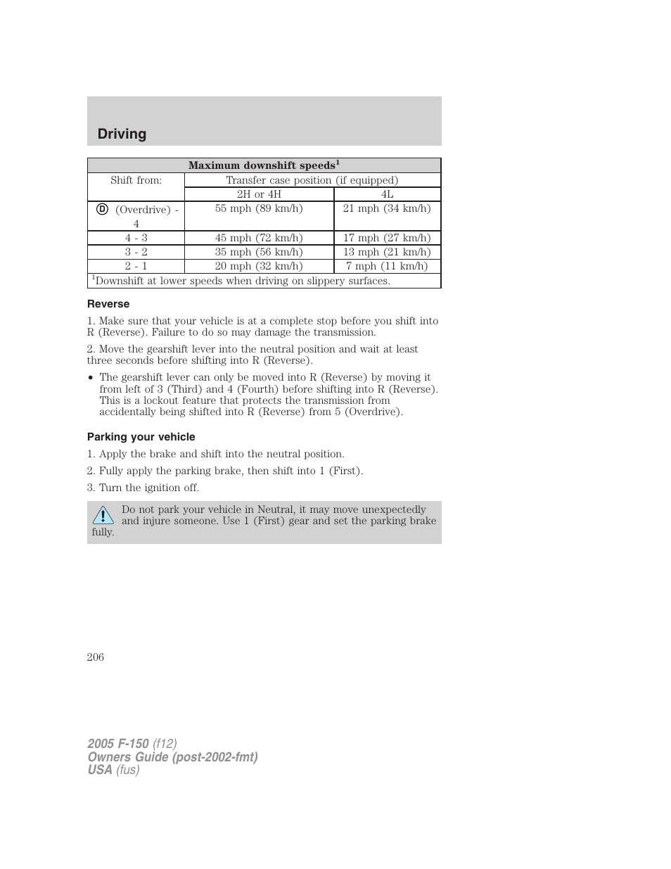 Reverse, Parking your vehicle, Driving | FORD 2005 F-150 User Manual | Page 206 / 312