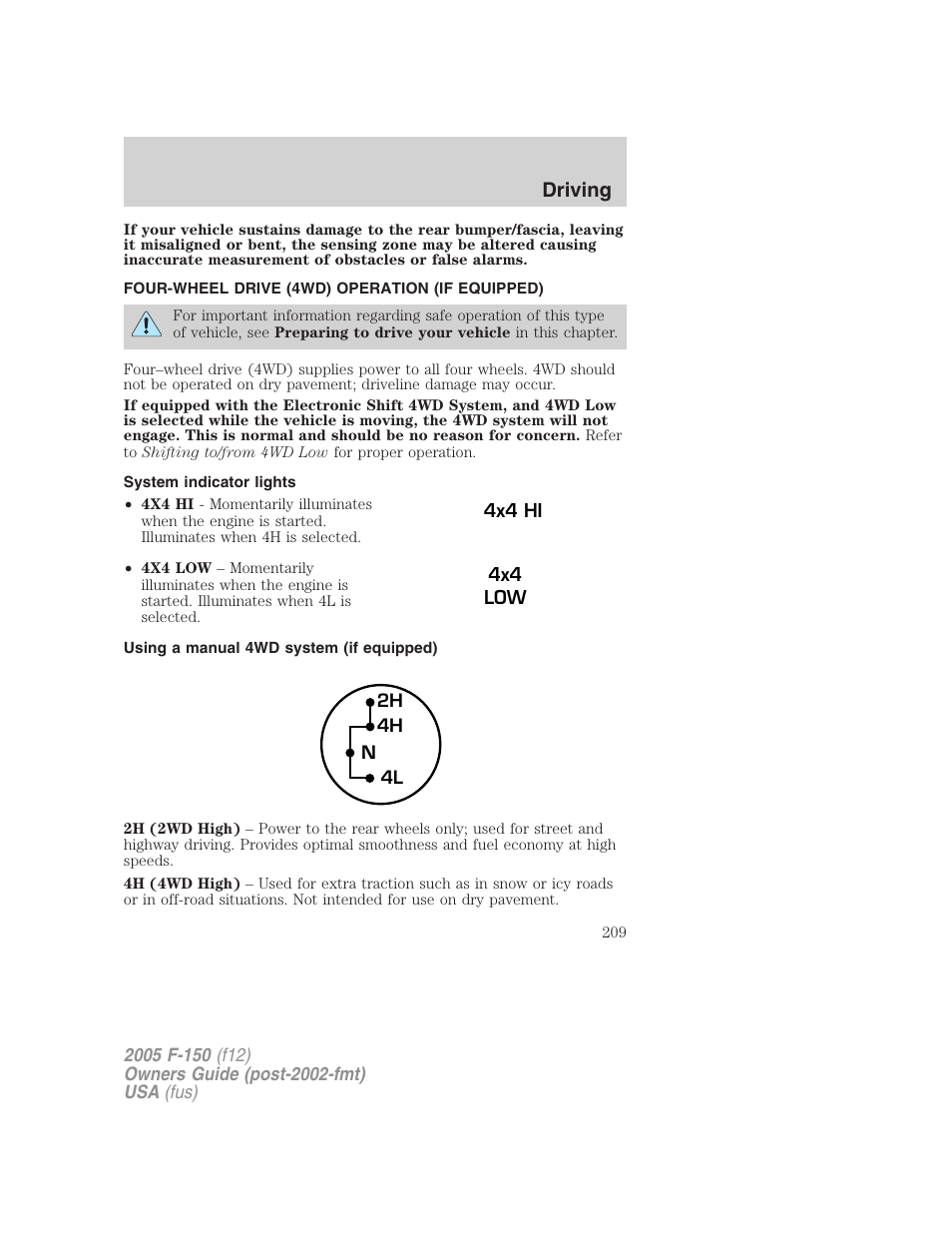 Four-wheel drive (4wd) operation (if equipped), System indicator lights, Using a manual 4wd system (if equipped) | Driving | FORD 2005 F-150 User Manual | Page 209 / 312