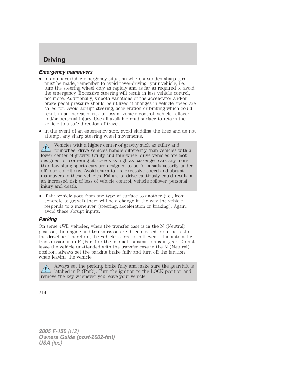 Emergency maneuvers, Parking, Driving | FORD 2005 F-150 User Manual | Page 214 / 312